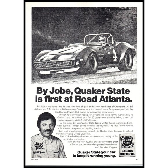 1975 Quaker State Motor Oil Vintage Print Ad Corvette Road Atlanta Wall Art - Picture 1 of 1